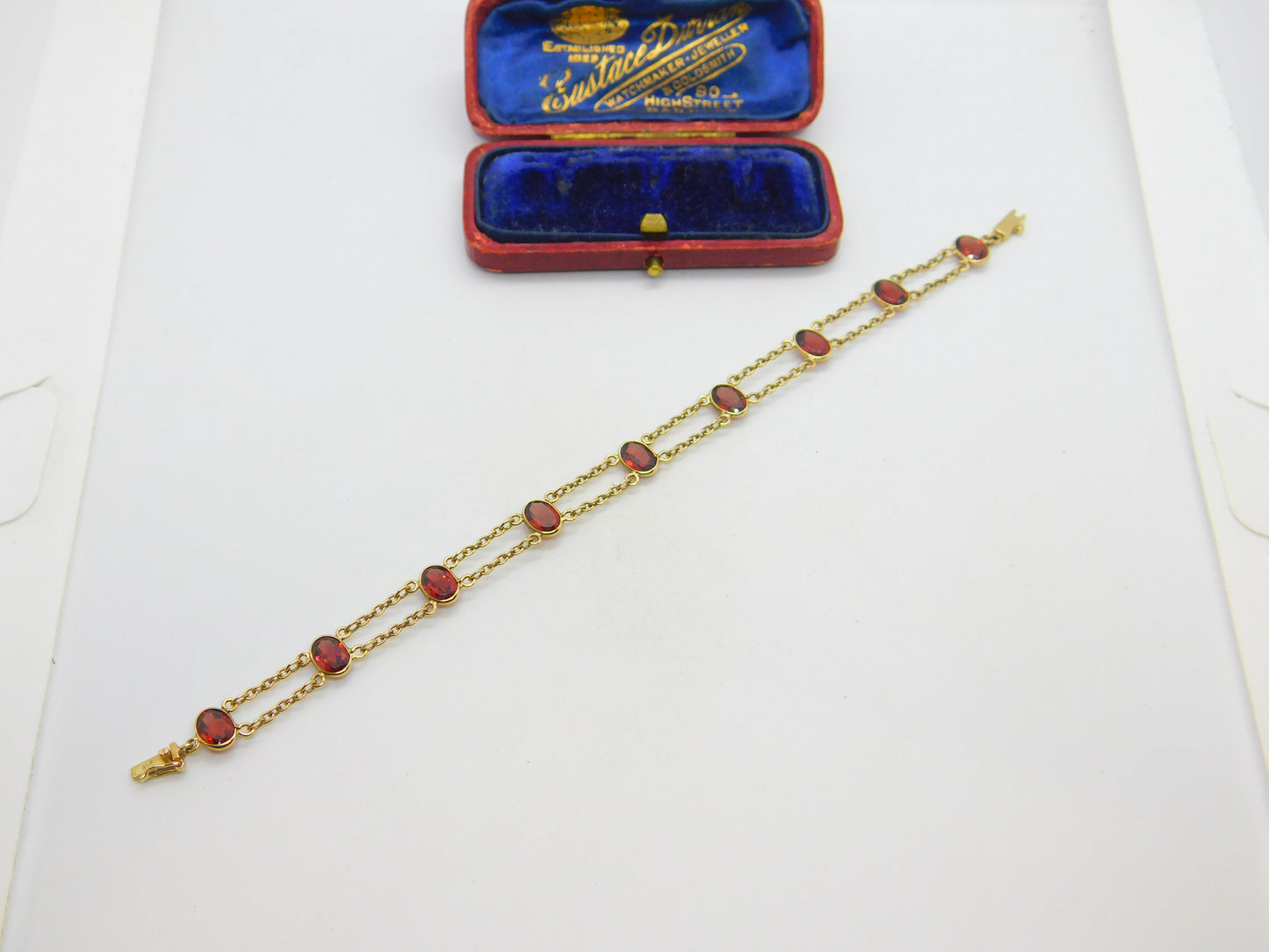 9ct Yellow Gold & Bohemian Garnet Set Panel Bracelet Vintage c1970 7" Length