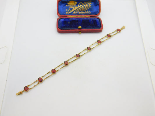 9ct Yellow Gold & Bohemian Garnet Set Panel Bracelet Vintage c1970 7" Length