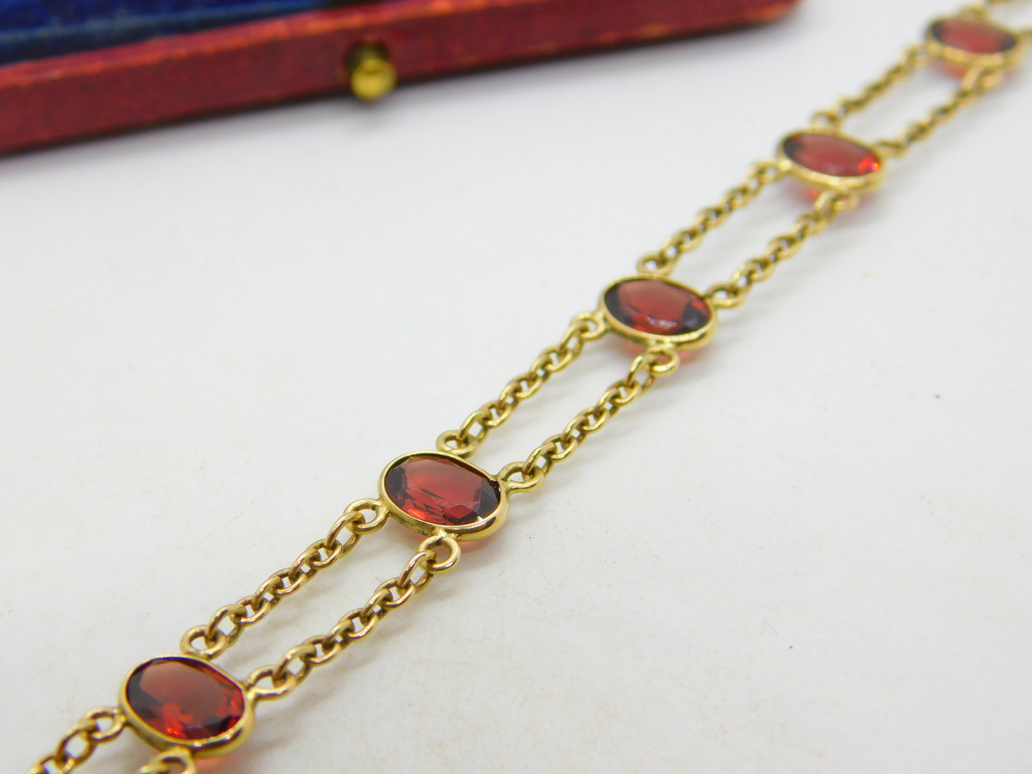 9ct Yellow Gold & Bohemian Garnet Set Panel Bracelet Vintage c1970 7" Length