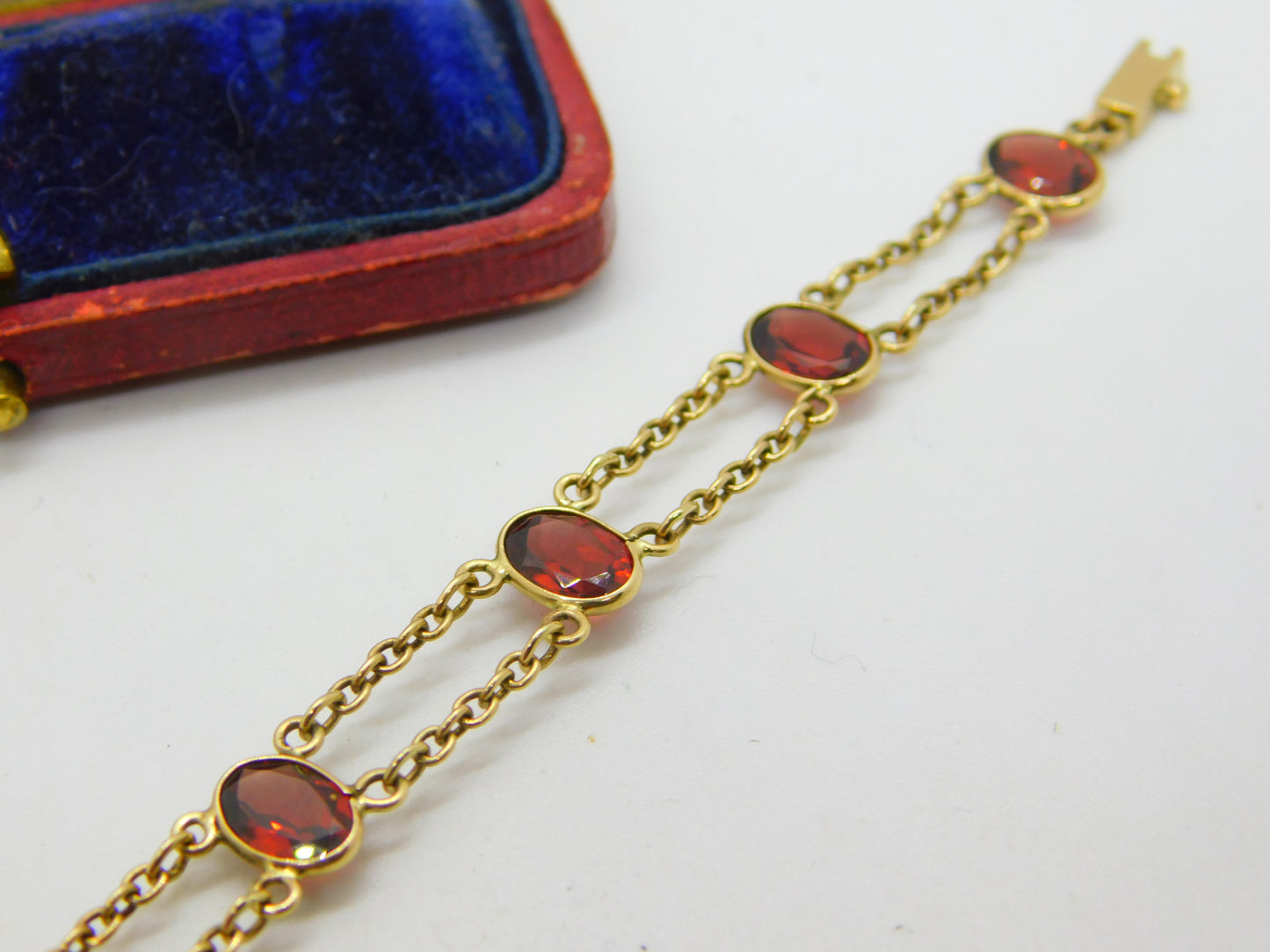 9ct Yellow Gold & Bohemian Garnet Set Panel Bracelet Vintage c1970 7" Length