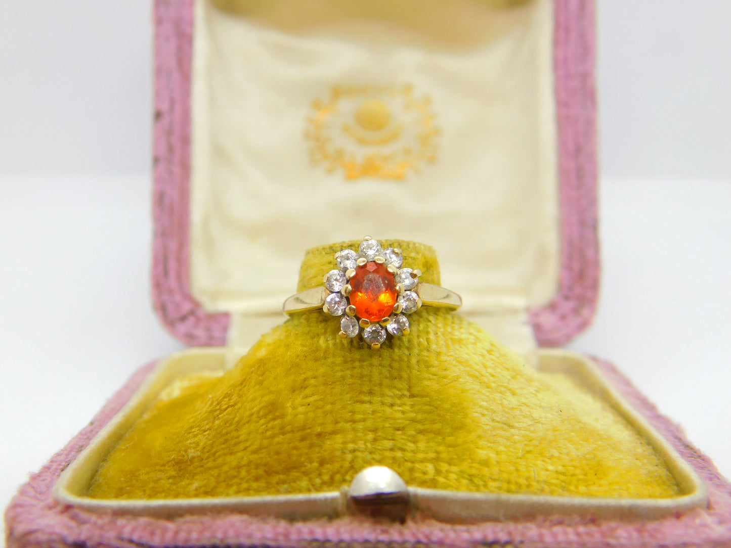 9ct Yellow Gold, Citrine & Diamond Paste Floral Cluster Ring 1987 Birmingham