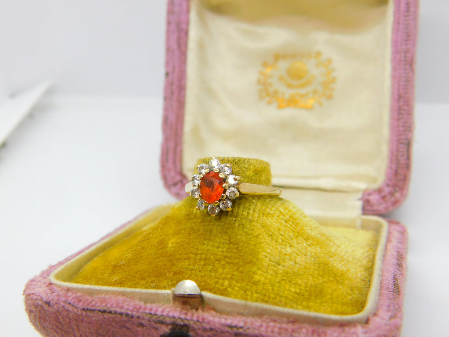 9ct Yellow Gold, Citrine & Diamond Paste Floral Cluster Ring 1987 Birmingham