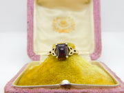 9ct Yellow Gold & Cushion Cut Bohemian Garnet Ring Antique c1920 Art Deco