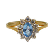 9ct Yellow Gold, Blue Topaz & Spinel Set Floral Cluster Ring Vintage Birmingham