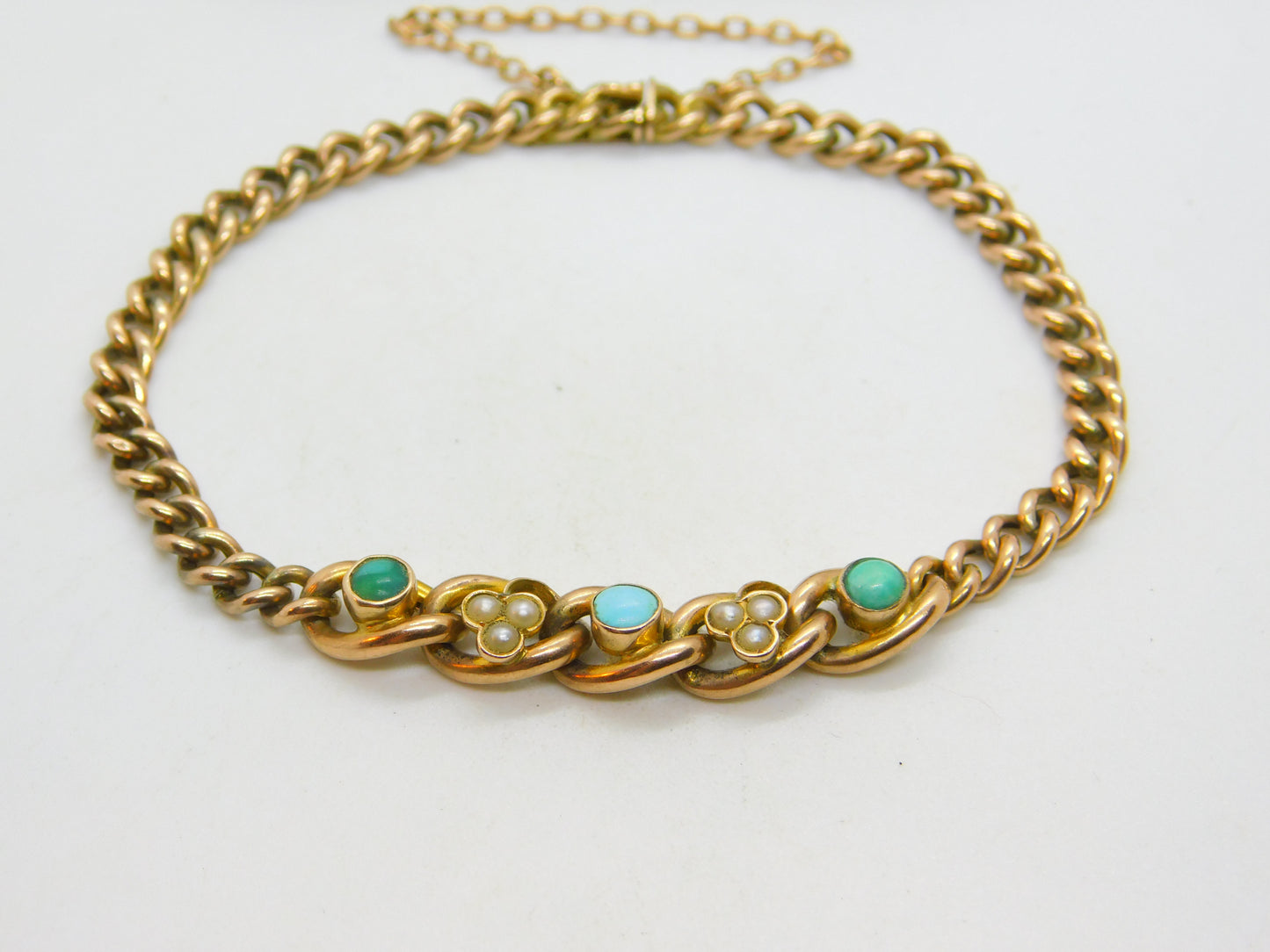 Victorian 9ct Rose Gold Graduating Turquoise & Seed Pearl Bracelet c1880 Antique