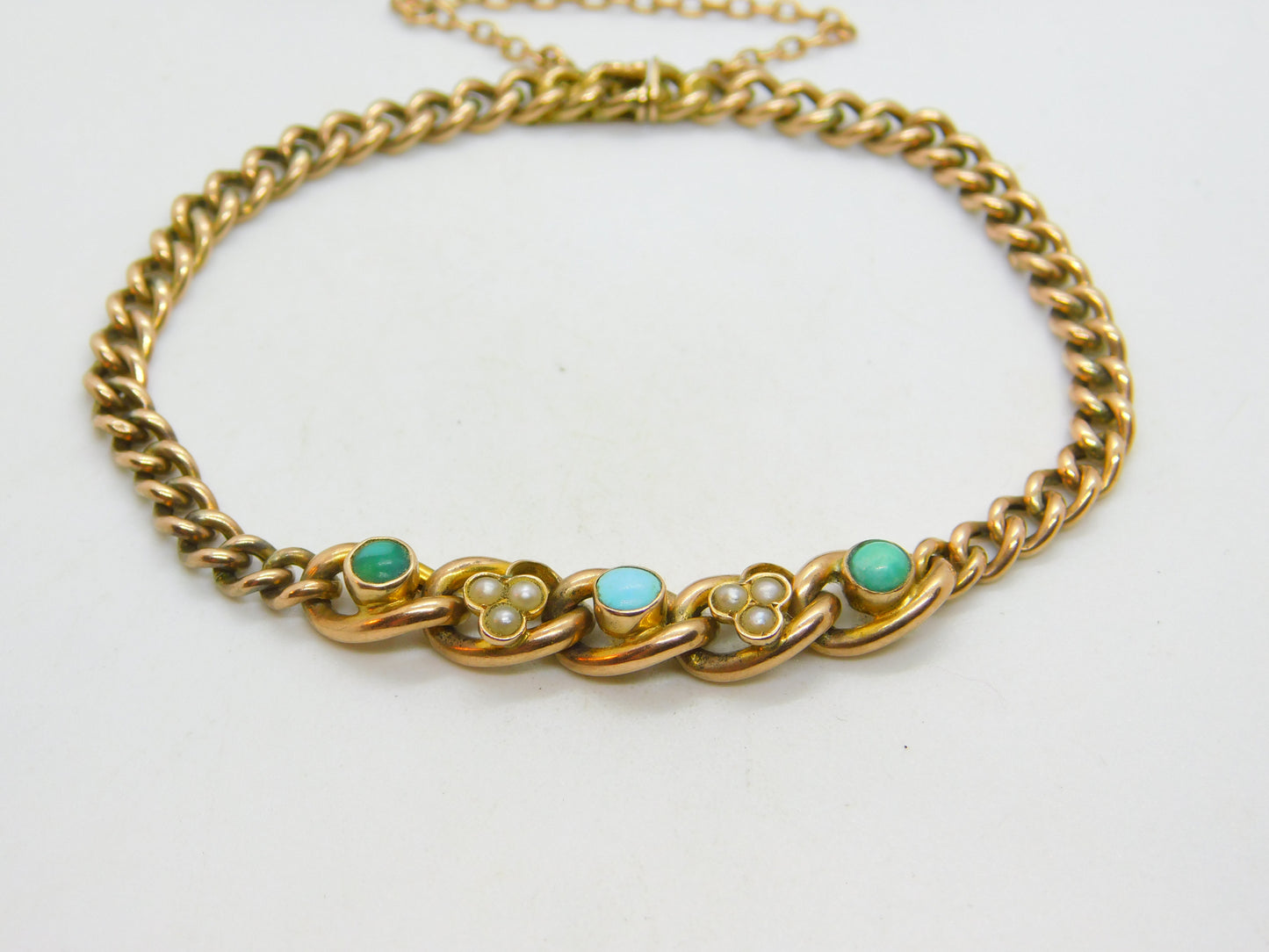 Victorian 9ct Rose Gold Graduating Turquoise & Seed Pearl Bracelet c1880 Antique