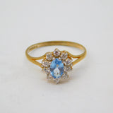 9ct Yellow Gold, Blue Topaz & Spinel Set Floral Cluster Ring Vintage Birmingham