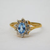 9ct Yellow Gold, Blue Topaz & Spinel Set Floral Cluster Ring Vintage Birmingham