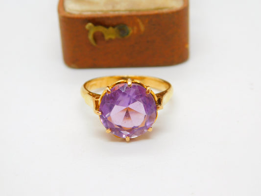 18ct Yellow Gold Brilliant Cut Amethyst Dress Ring Vintage c1970 Size N 1/2 UK