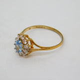9ct Yellow Gold, Blue Topaz & Spinel Set Floral Cluster Ring Vintage Birmingham