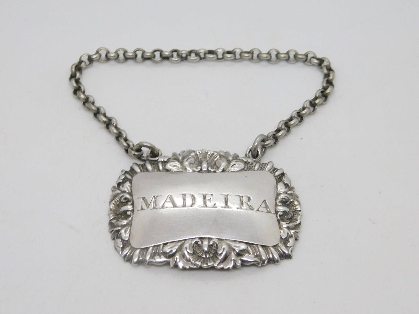 George III Sterling Silver Shell Madeira Decanter Label Antique 1816 London