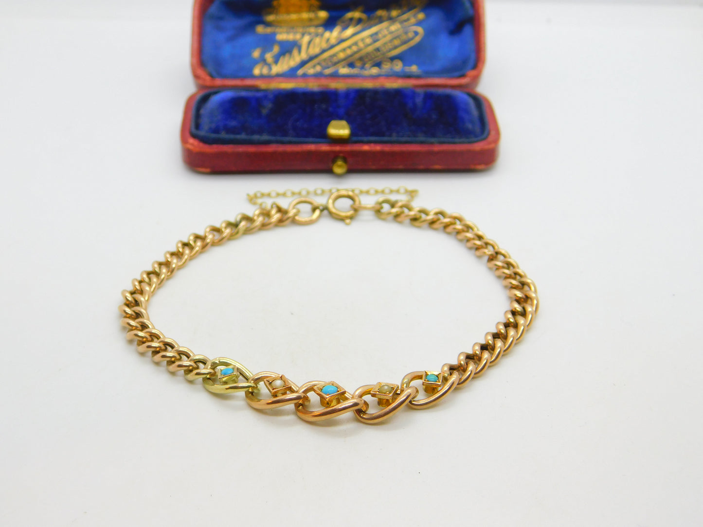 Victorian 9ct Rose Gold, Turquoise & Seed Pearl Graduating Bracelet c1880