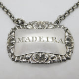 George III Sterling Silver Shell Madeira Decanter Label Antique 1816 London