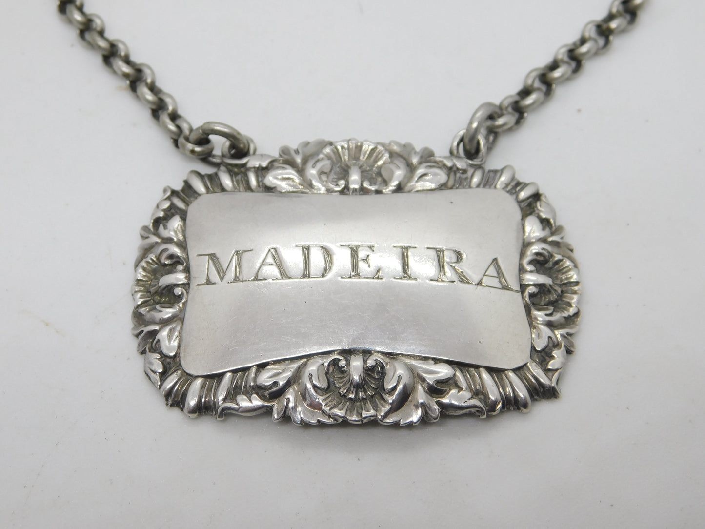 George III Sterling Silver Shell Madeira Decanter Label Antique 1816 London