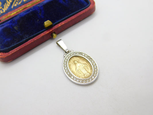 9ct Yellow & White Gold Religious Virgin Mary Pendant Vintage c1970 Catholic