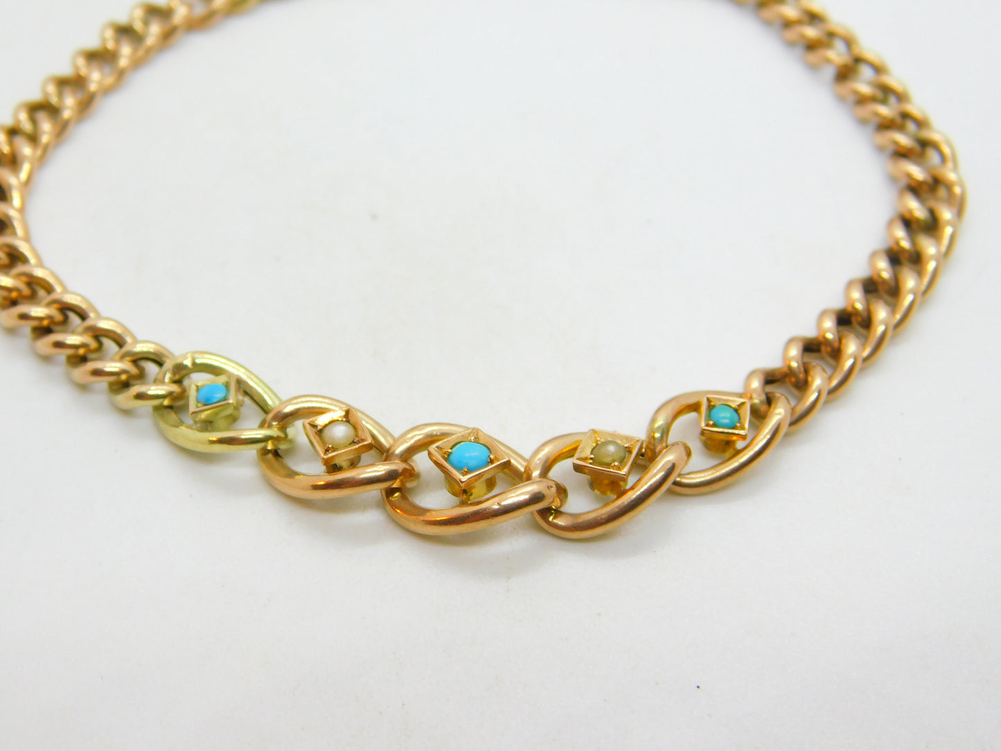 Victorian 9ct Rose Gold, Turquoise & Seed Pearl Graduating Bracelet c1880