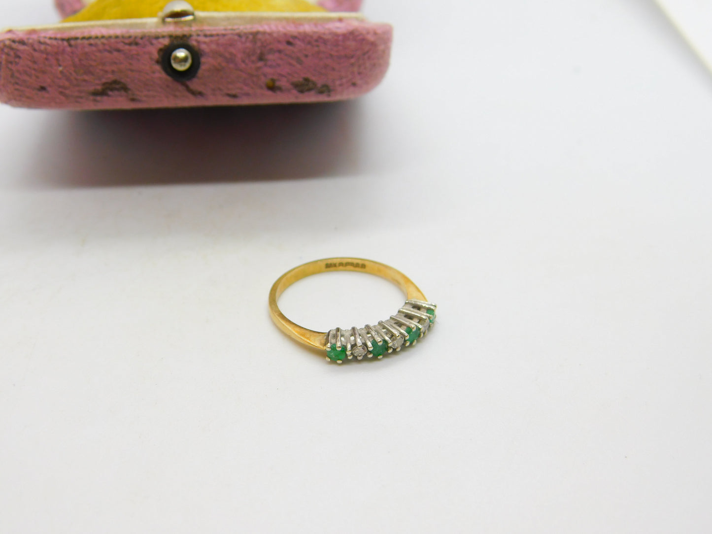 9ct Yellow Gold, Emerald & Diamond Half Eternity Ring 1987 London Vintage