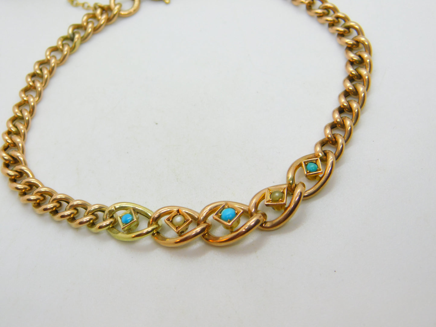 Victorian 9ct Rose Gold, Turquoise & Seed Pearl Graduating Bracelet c1880