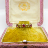 9ct Yellow Gold, Ruby & Diamond Set Nouveau Leaf Ring 1980 London Vintage