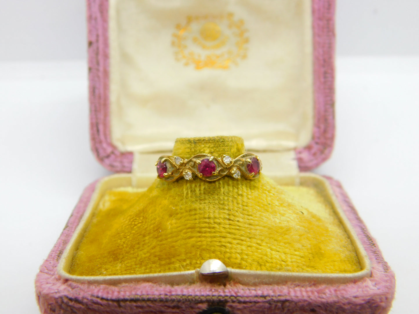 9ct Yellow Gold, Ruby & Diamond Set Nouveau Leaf Ring 1980 London Vintage