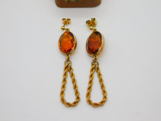 Pair of 9ct Yellow Gold Large Citrine Set Stud Drop Earrings Antique c1920 Deco