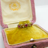 9ct Yellow Gold, Ruby & Diamond Set Nouveau Leaf Ring 1980 London Vintage
