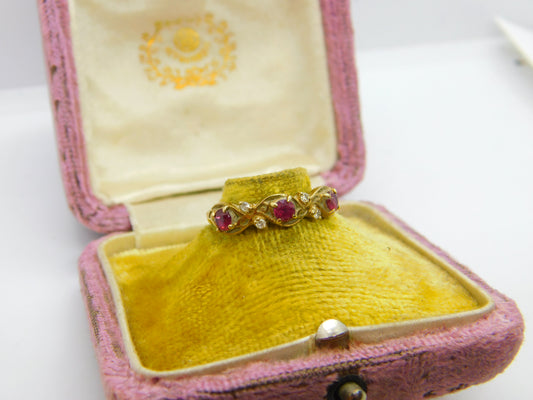 9ct Yellow Gold, Ruby & Diamond Set Nouveau Leaf Ring 1980 London Vintage