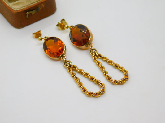 Pair of 9ct Yellow Gold Large Citrine Set Stud Drop Earrings Antique c1920 Deco