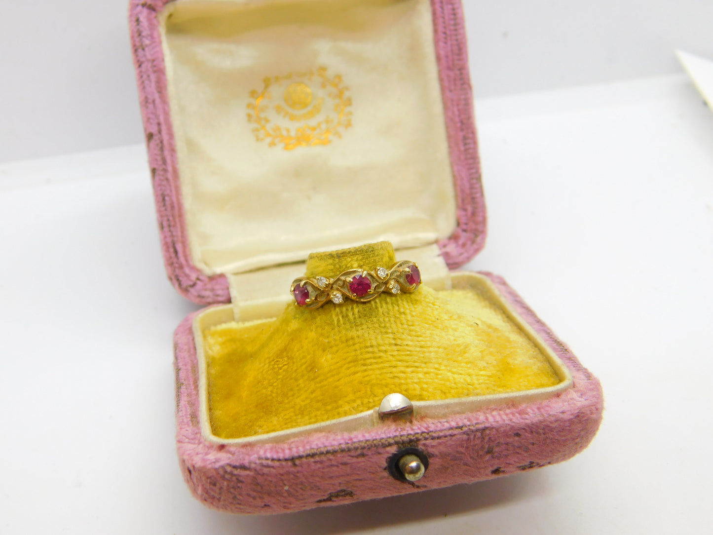 9ct Yellow Gold, Ruby & Diamond Set Nouveau Leaf Ring 1980 London Vintage