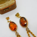 Pair of 9ct Yellow Gold Large Citrine Set Stud Drop Earrings Antique c1920 Deco