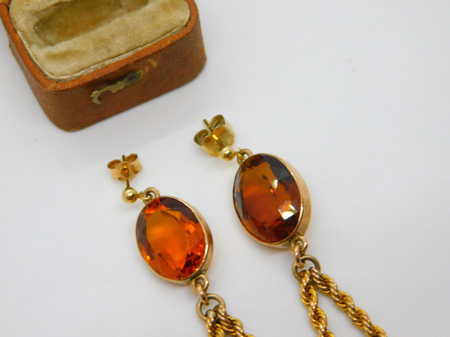 Pair of 9ct Yellow Gold Large Citrine Set Stud Drop Earrings Antique c1920 Deco