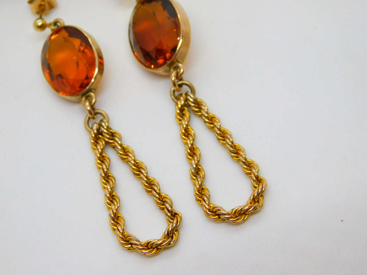 Pair of 9ct Yellow Gold Large Citrine Set Stud Drop Earrings Antique c1920 Deco