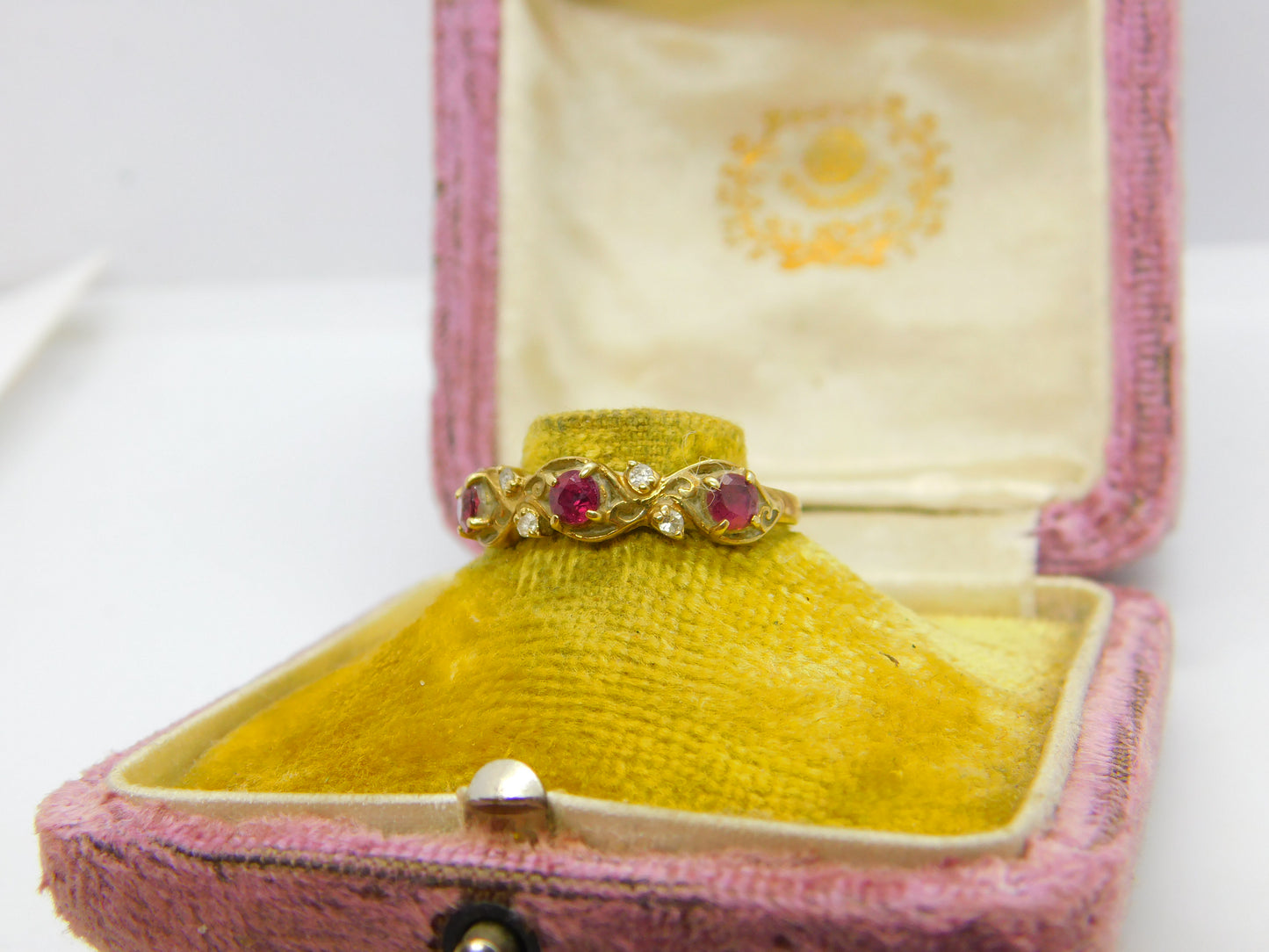 9ct Yellow Gold, Ruby & Diamond Set Nouveau Leaf Ring 1980 London Vintage