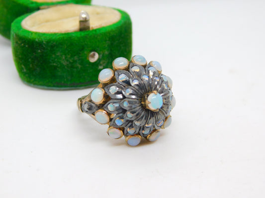 Victorian 9ct Gold & Cabochon Opal Floral Statement Ring Antique c1890