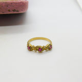 9ct Yellow Gold, Ruby & Diamond Set Nouveau Leaf Ring 1980 London Vintage