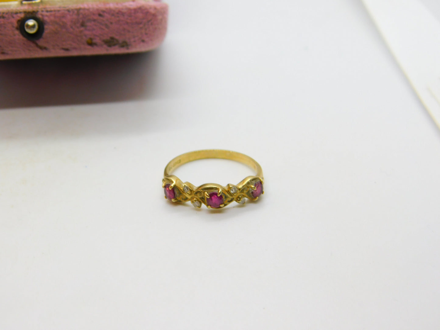 9ct Yellow Gold, Ruby & Diamond Set Nouveau Leaf Ring 1980 London Vintage