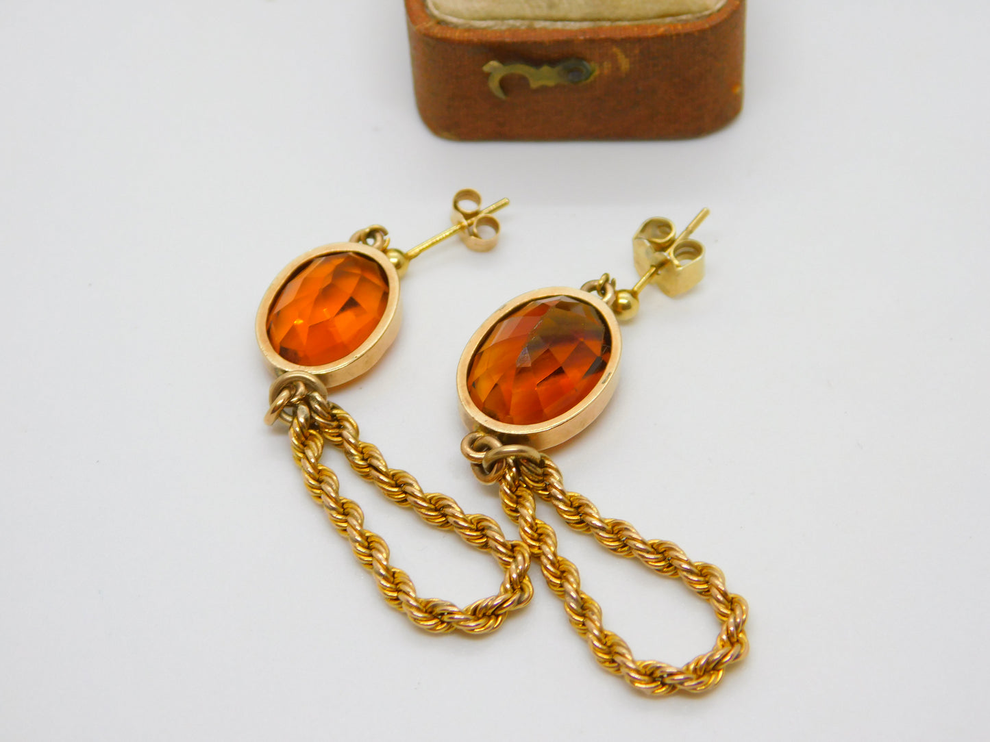 Pair of 9ct Yellow Gold Large Citrine Set Stud Drop Earrings Antique c1920 Deco