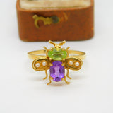 Edwardian Style Sterling Silver Gilt Peridot Amethyst Suffragette Bug Band Ring