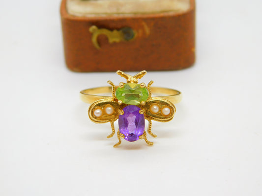 Edwardian Style Sterling Silver Gilt Peridot Amethyst Suffragette Bug Band Ring