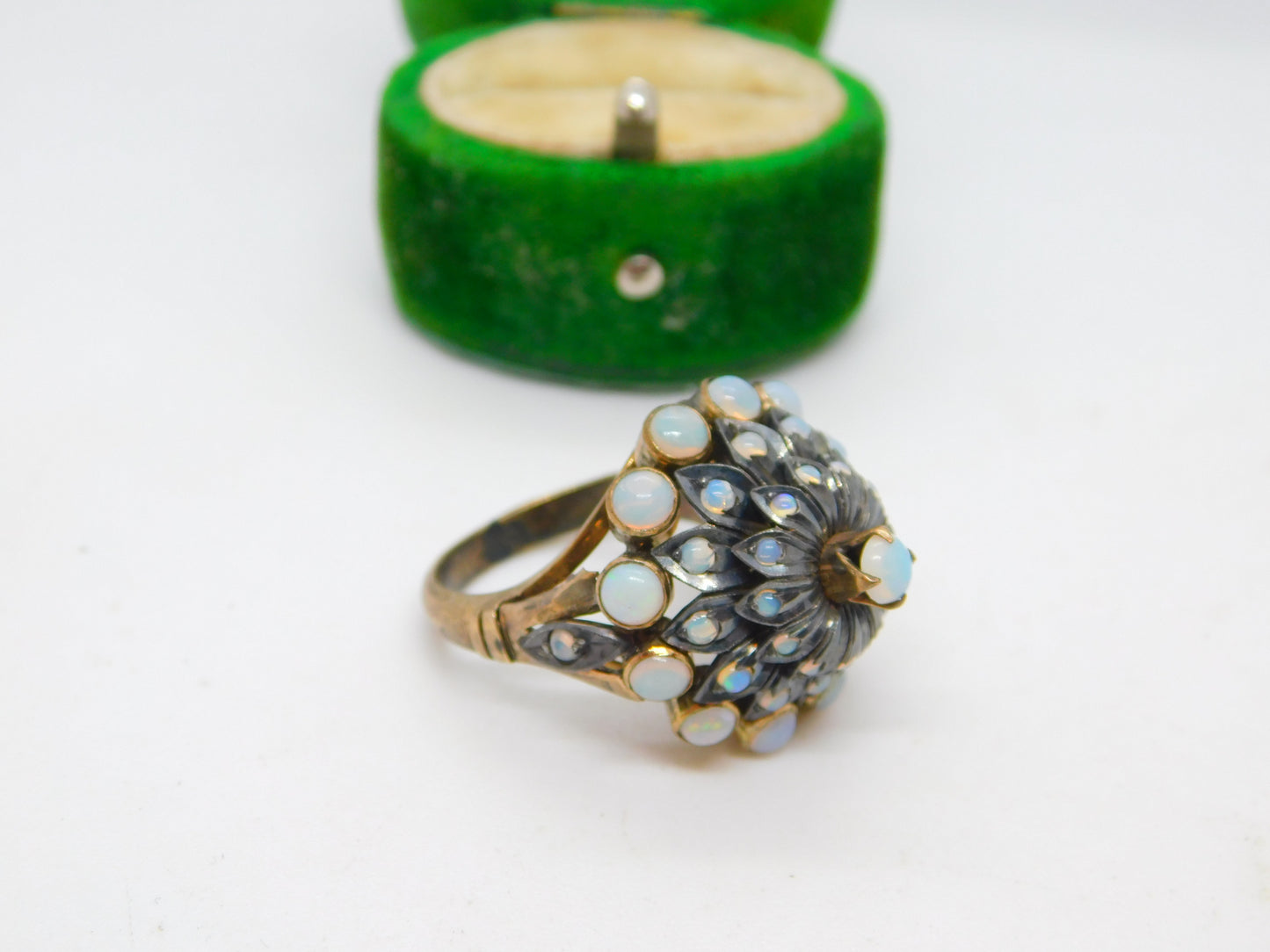 Victorian 9ct Gold & Cabochon Opal Floral Statement Ring Antique c1890