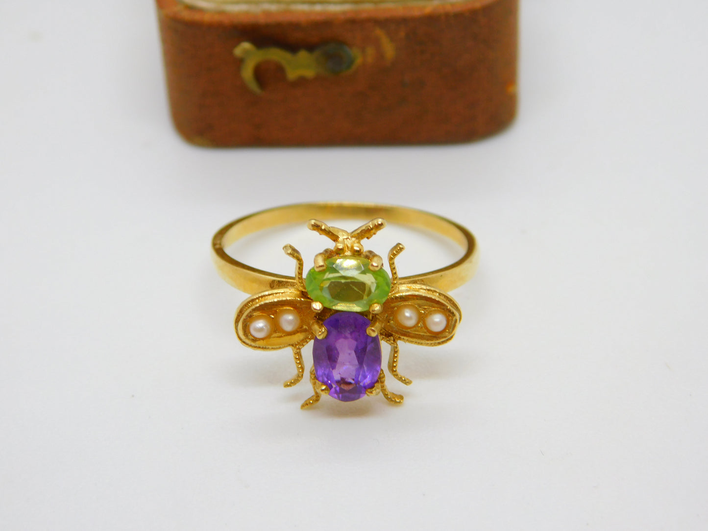 Edwardian Style Sterling Silver Gilt Peridot Amethyst Suffragette Bug Band Ring