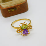 Edwardian Style Sterling Silver Gilt Peridot Amethyst Suffragette Bug Band Ring
