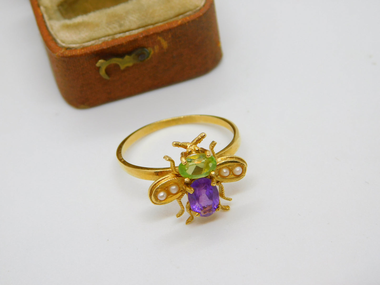 Edwardian Style Sterling Silver Gilt Peridot Amethyst Suffragette Bug Band Ring