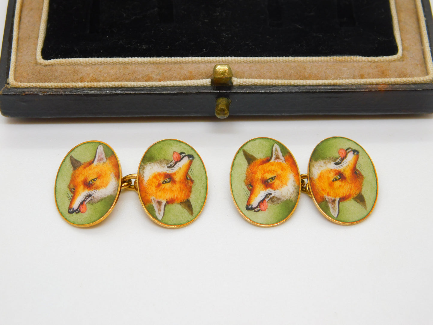 Victorian Boxed 18ct Yellow Gold & Enamel Fox Mask Gents Cufflinks Antique c1880