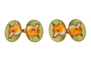 Victorian Boxed 18ct Yellow Gold & Enamel Fox Mask Gents Cufflinks Antique c1880