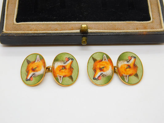 Victorian Boxed 18ct Yellow Gold & Enamel Fox Mask Gents Cufflinks Antique c1880