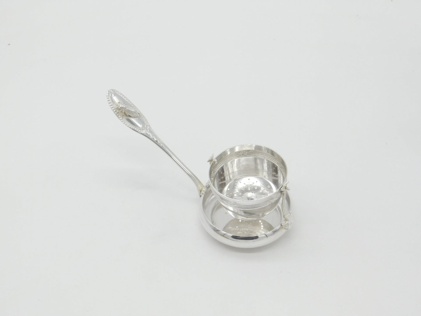 Victorian Dutch Sterling Silver Tea Strainer with Bowl Honey Bee Detail Antique