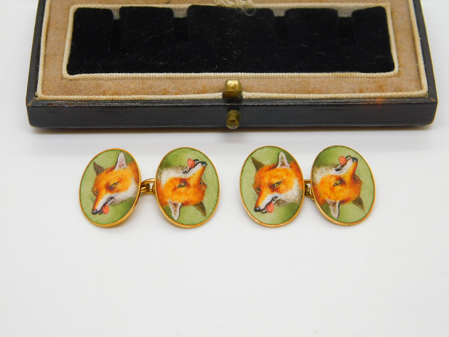 Victorian Boxed 18ct Yellow Gold & Enamel Fox Mask Gents Cufflinks Antique c1880