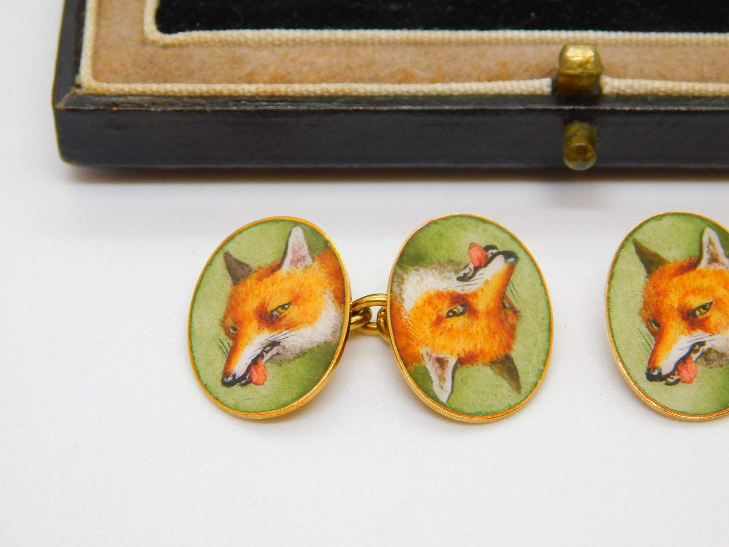 Victorian Boxed 18ct Yellow Gold & Enamel Fox Mask Gents Cufflinks Antique c1880