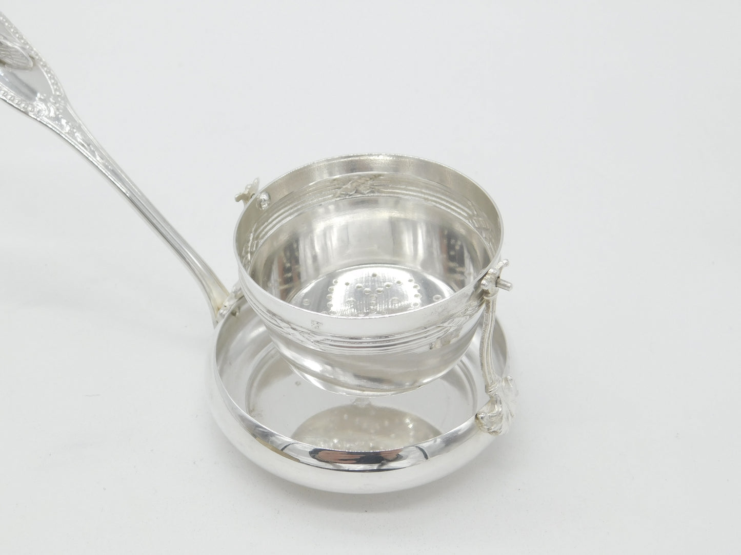 Victorian Dutch Sterling Silver Tea Strainer with Bowl Honey Bee Detail Antique